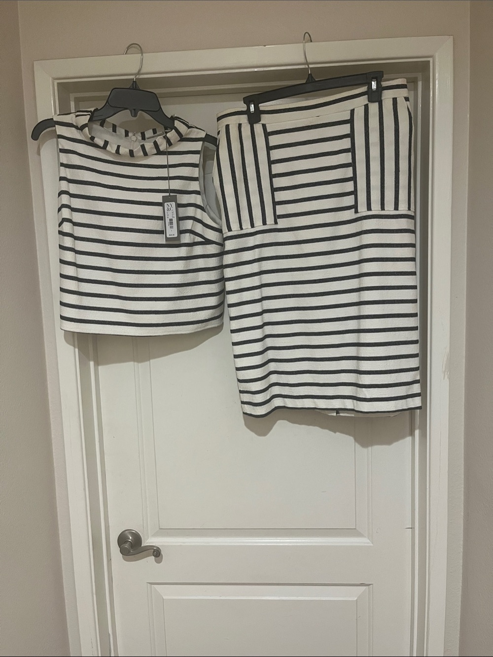 New York & Company Black and White Striped Skirt Set